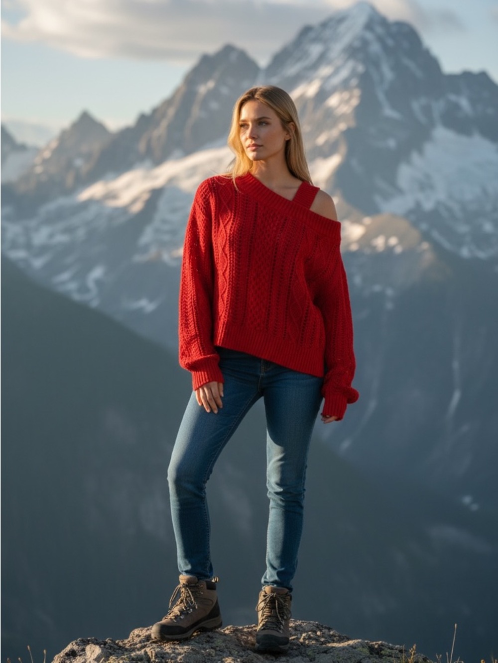 RtA Red Off-the-Shoulder Cable Sweater